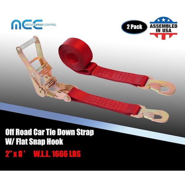 2" x 8' Ratchet Tie Down Strap w/ Flat Snap Hook Car Auto Hauler Tow Truck Red, 2PK